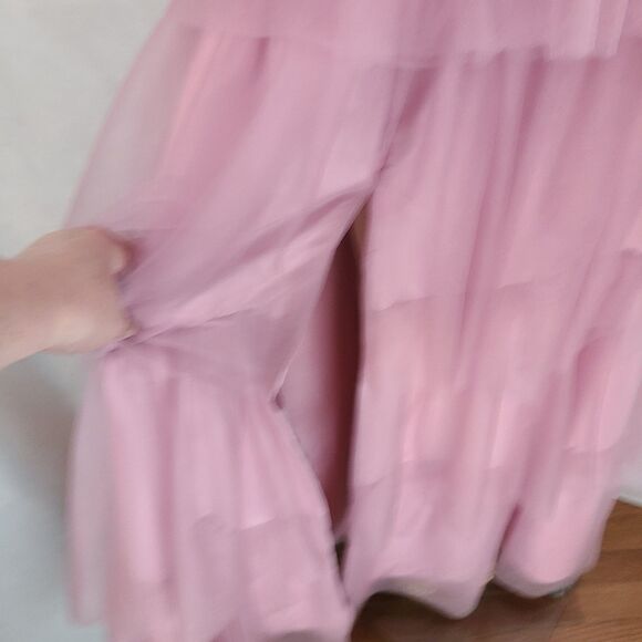 New Prom Dress (8) Dusty Rose A-Line Tulle Tiered Layered Long Dress with Slit - Picture 5 of 11